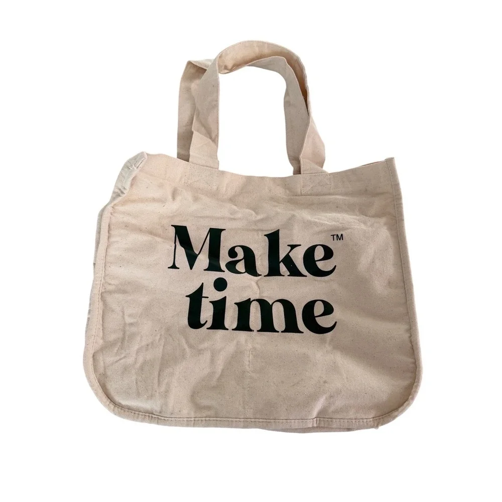 Make Time Wellness Canvas Tote Bag Cream Black Graphic Reusable Shopper Bag